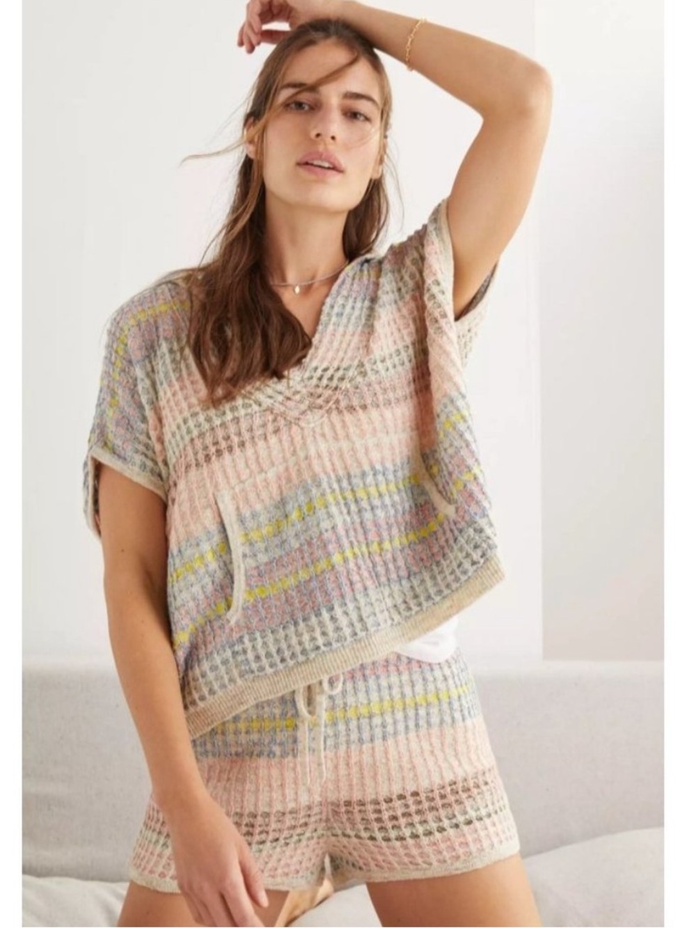 Anthro daily practice 2/3X thermal knit lounge set shorts & short sleeve sweater